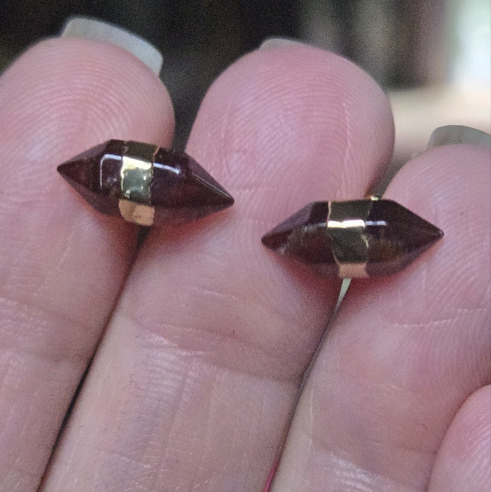 Garnet natural crystal gemstone pillar sterling & gold earrings - Picture 2 of 9